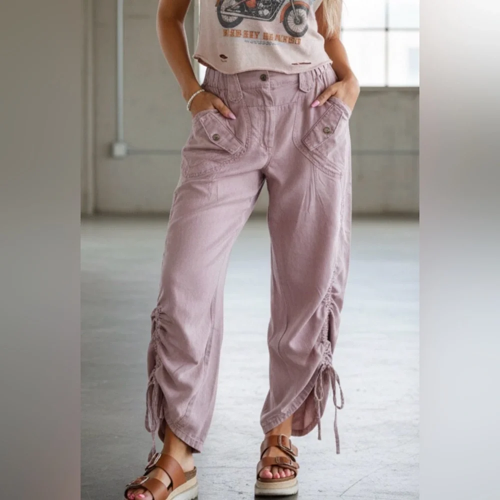 NWT Bluevelvet Cargo Pocket Tencel Side Ruched Mauve Cropped Pants - Picture 6 of 13